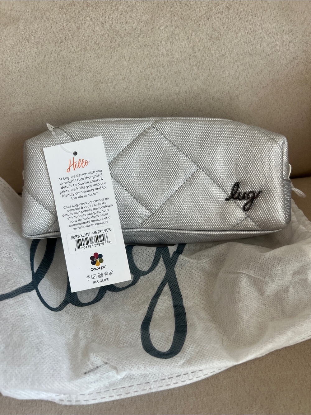 NWT Lug Jib Matte Luxe Vegan Leather Zip Pouch in Metallic Silver